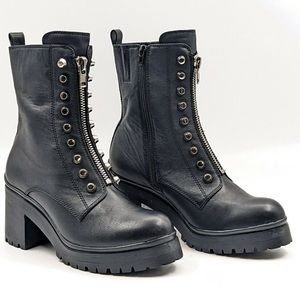 JEFFREY CAMPBELL Black Block Heel Studded Moto Boots